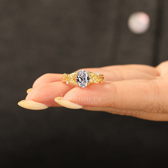 Double Claw Prongs Oval Lab Grown Diamond Bridal Ring 14K Gold Leaf Motif Women Ring (IGI Certified)