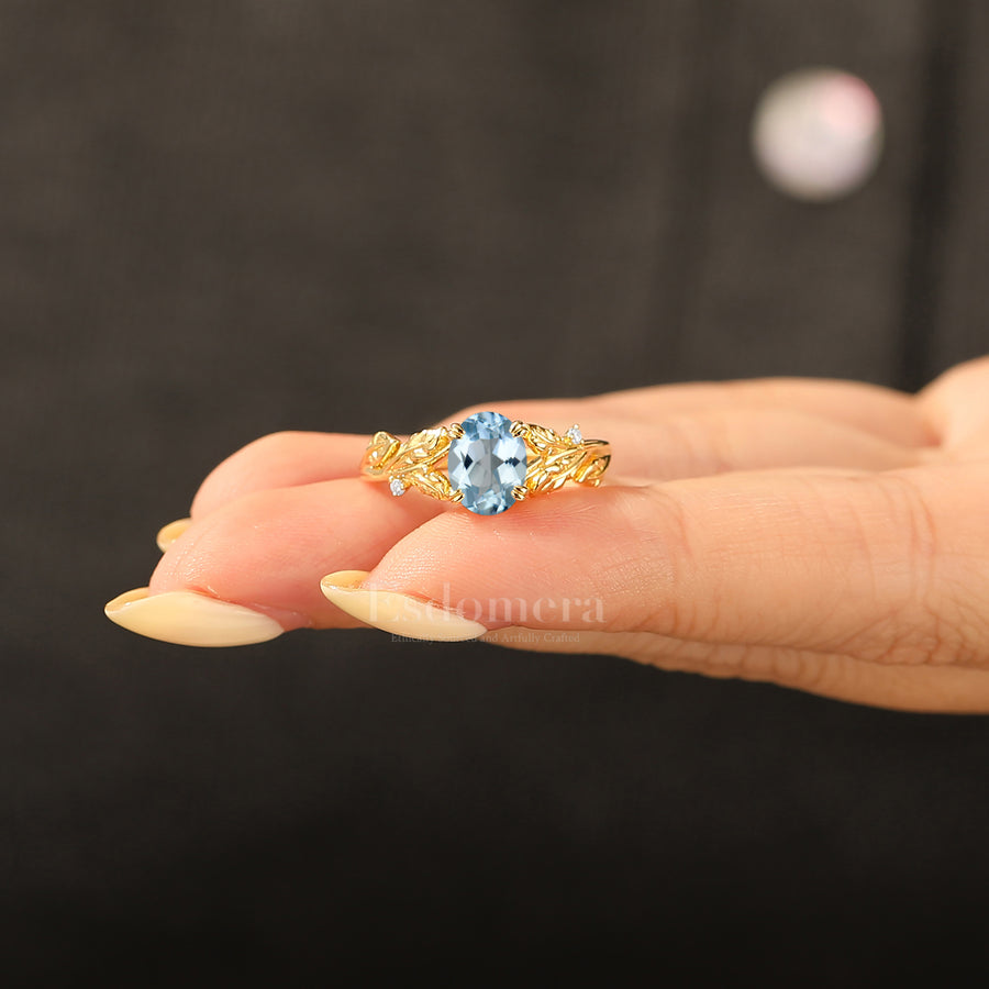Leaf Split Shank Oval Aquamarine Engagement Ring Double Claw Setting Bridal Ring