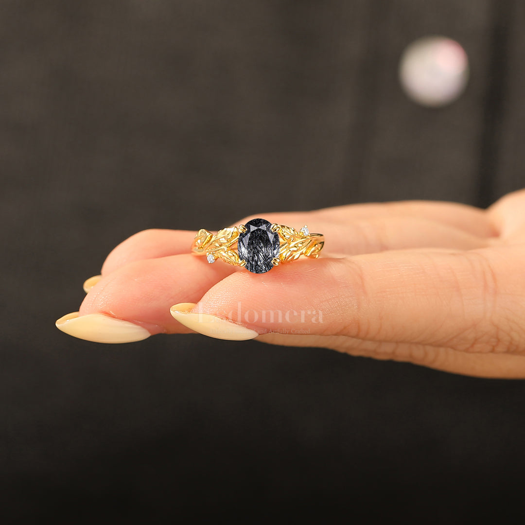 Whimsical Leaf Engraved Oval Black Rutilated Quartz Engagement Ring Double Prong Setting Marriage Ring