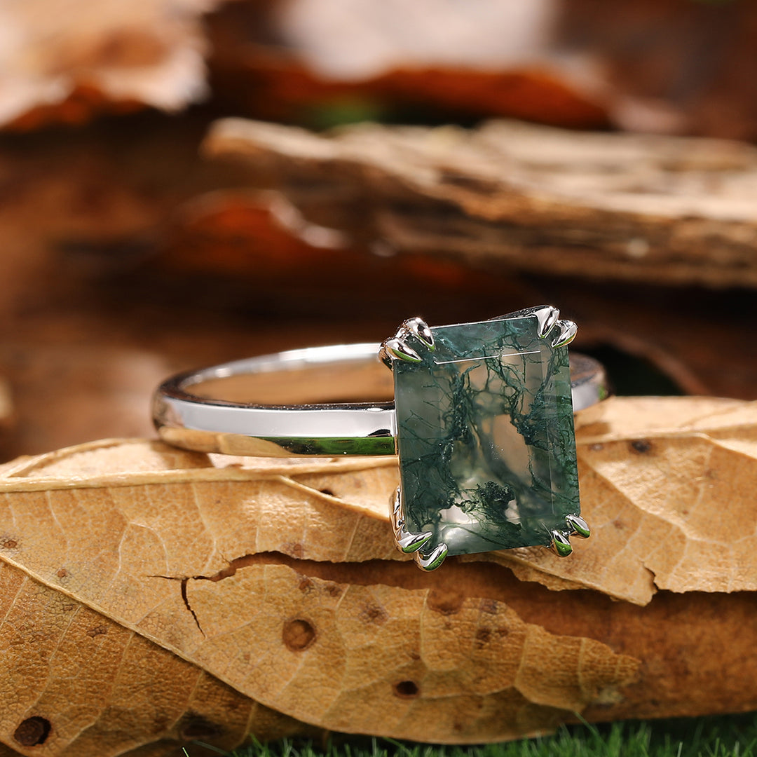 Double Prongs Emerald Cut Natural Moss Agate Engagement Ring Solitaire Gemstone Bridal Promise Ring