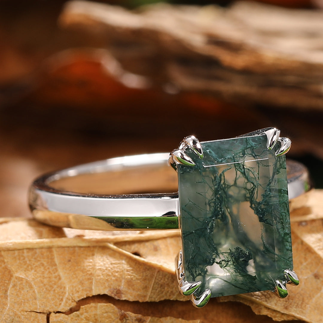 Double Prongs Emerald Cut Natural Moss Agate Engagement Ring Solitaire Gemstone Bridal Promise Ring Handcrafted Ring