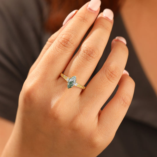 Solid Yellow Gold Marquise Cut Moss Agate Bridal Ring Vintage Filigree Moss Agate Women Ring