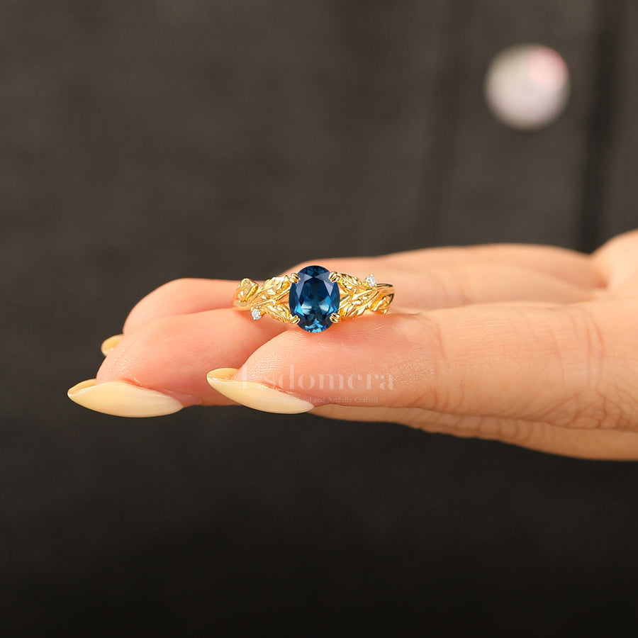 Botanical Leaf 1.5CT Oval London Blue Topaz Bridal Ring 14K Gold Split Shank Engagement Ring