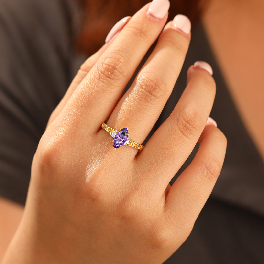 Vintage 1CT Marquise Cut Natural Amethyst Women Ring Vine Filigreed Engagement Ring