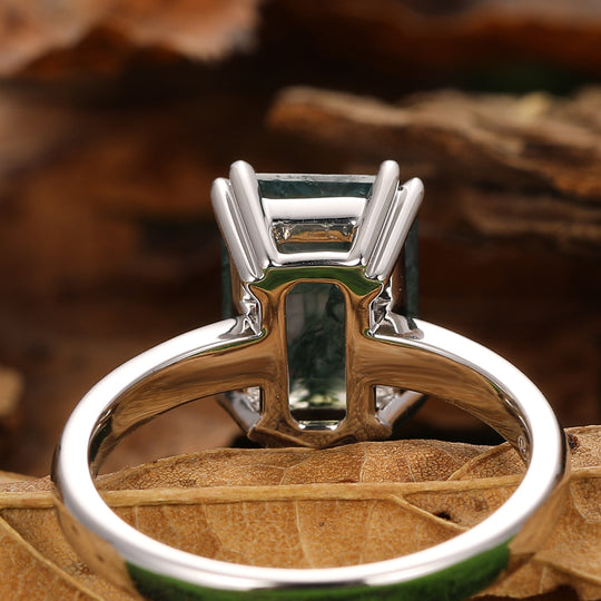 Double Prongs Emerald Cut Natural Moss Agate Engagement Ring Solitaire Gemstone Bridal Promise Ring Handcrafted Ring