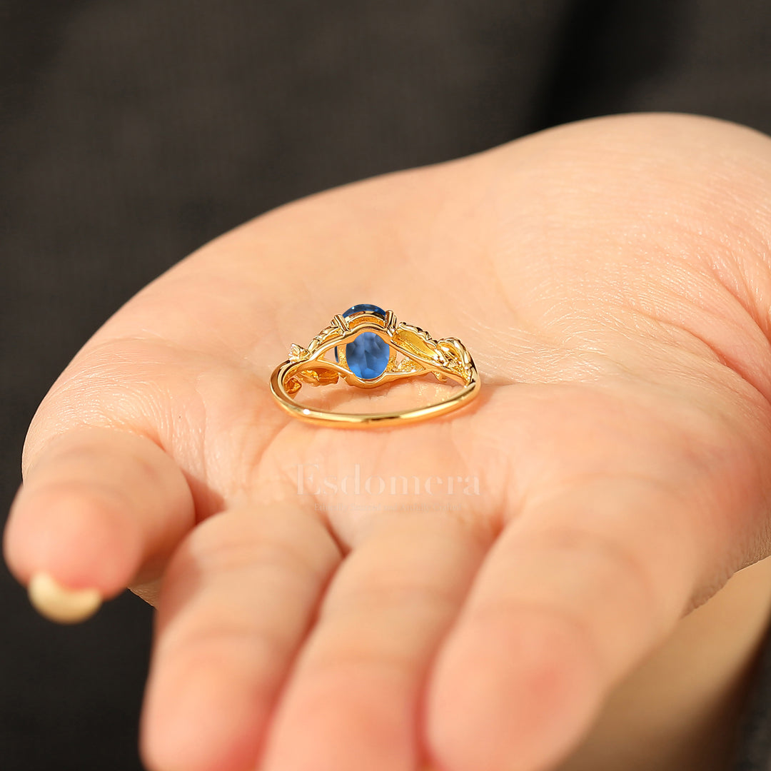 Botanical Leaf 1.5CT Oval London Blue Topaz Bridal Ring 14K Gold Split Shank Engagement Ring
