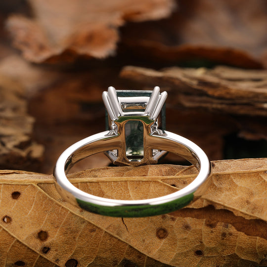 Double Prongs Emerald Cut Natural Moss Agate Engagement Ring Solitaire Gemstone Bridal Promise Ring