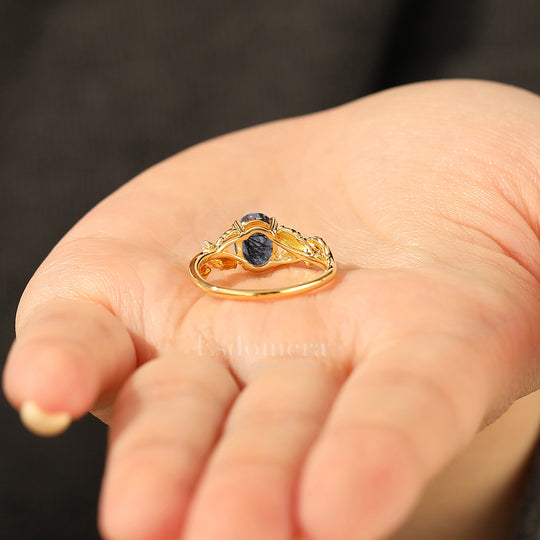 Whimsical Leaf Engraved Oval Black Rutilated Quartz Engagement Ring Double Prong Setting Marriage Ring