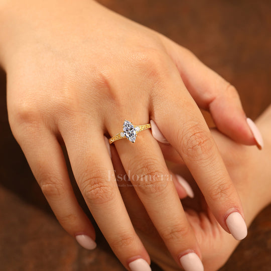 14K Vintage Marquise Three Stone Lab Grown Diamond  Engagement Ring Yellow Gold Filigree Wedding RingYellow Gold 1CT Ring Marquise Cuat Wedding Ring (IGI Certified)