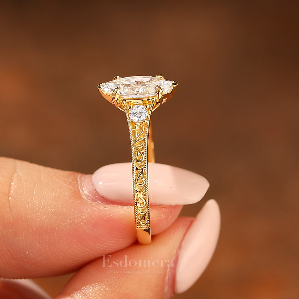 Vintage Marquise Cut Moissanite Filigree Bridal Ring Three-stone Setting Yellow Gold Tone Ring