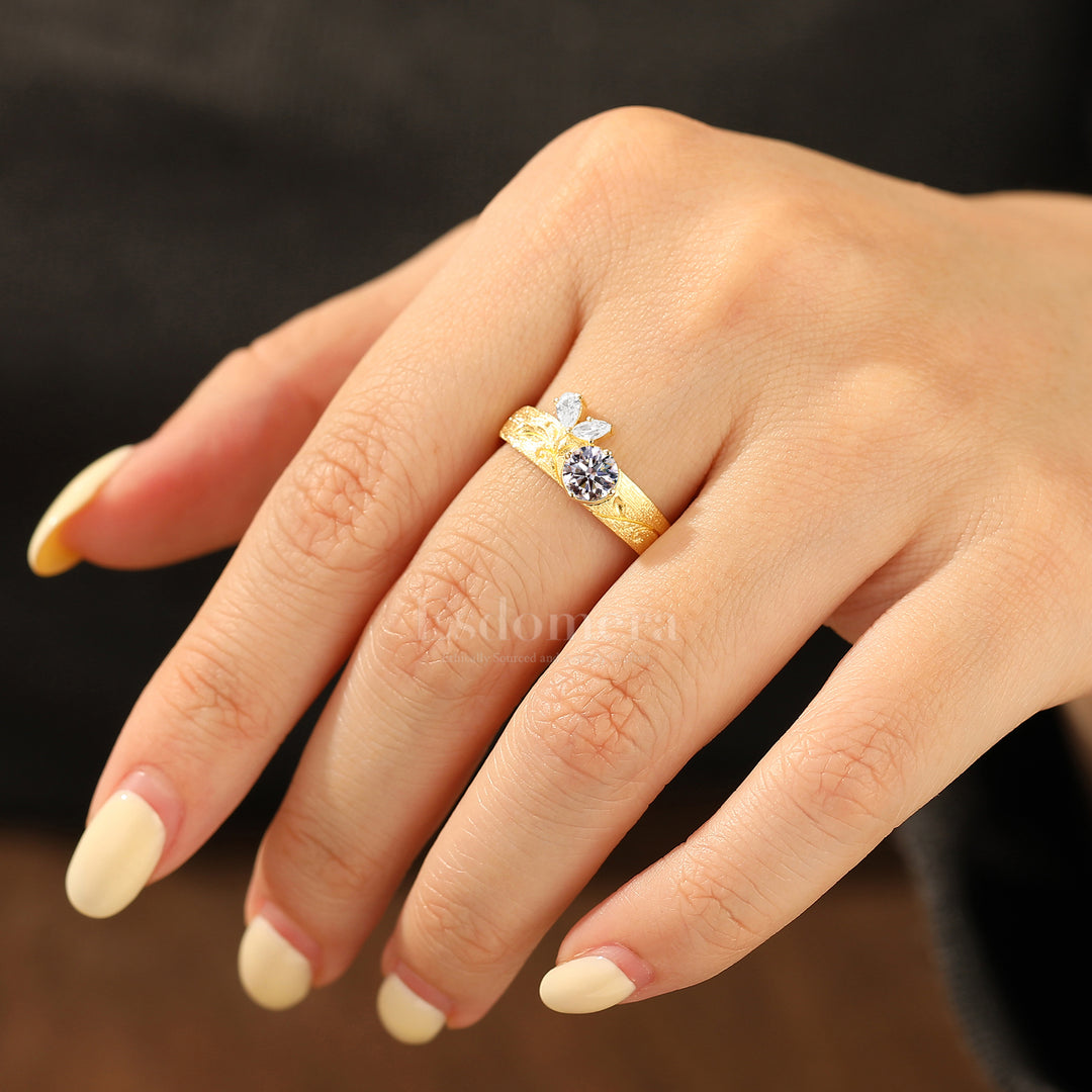 Whimsical Vine Lab Grown Diamond Brushed Engagement Ring Butterfly Wing Accents Ring (IGI Certified)
