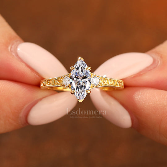 14K Vintage Marquise Three Stone Lab Grown Diamond  Engagement Ring Yellow Gold Filigree Wedding RingYellow Gold 1CT Ring Marquise Cuat Wedding Ring (IGI Certified)