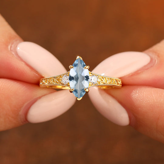 Antique Marquise Cut Aquamarine Filigree Bridal Ring Three-stone Setting 14K Gold Tone Ring
