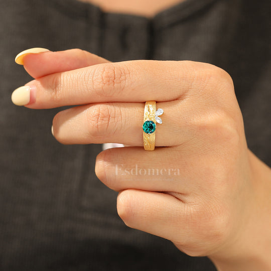 Brushed Finish Round Emerald Engagement Ring Floral Vine Ring with Butterfly Wing Accents