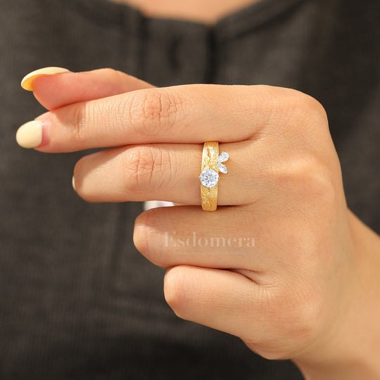 Artsy Brushed Finish Round Moissanite Engagement Ring 14K Yellow Gold Vine Style Women Ring