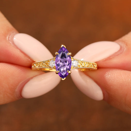 Vintage 1CT Marquise Cut Natural Amethyst Women Ring Vine Filigreed Engagement Ring