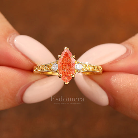 Solid Yellow Gold Marquise Cut Sunstone Bridal Ring Vintage Filigree Moss Agate Women Ring