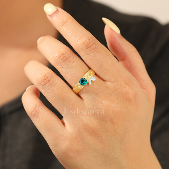 Brushed Finish Round Emerald Engagement Ring Floral Vine Ring with Butterfly Wing Accents