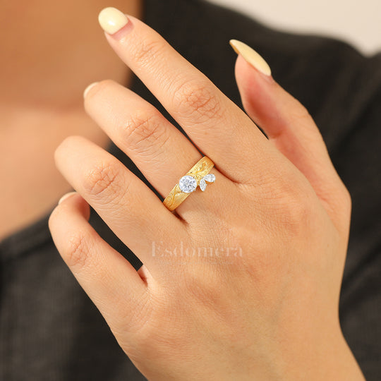 Artsy Brushed Finish Round Moissanite Engagement Ring 14K Yellow Gold Vine Style Women Ring