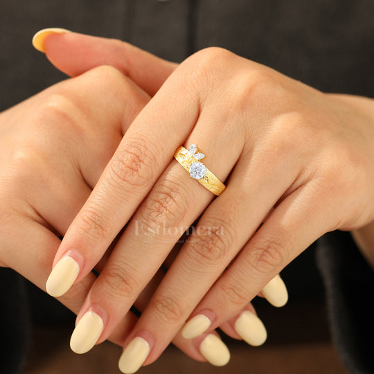 Artsy Brushed Finish Round Moissanite Engagement Ring 14K Yellow Gold Vine Style Women Ring