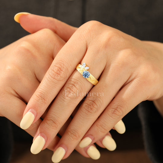 Leaf Inspired Round Blue Grey Moissanite Bridal Ring Refined Brushed Finish Engagement Ring