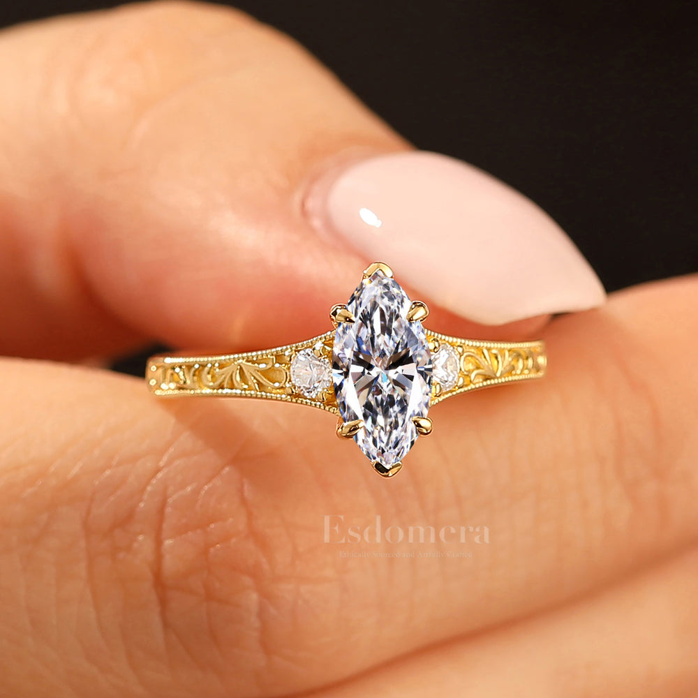 14K Vintage Anillo de Compromiso con Tres Piedras de Diamante Cultivado en Laboratorio en Forma Marquesa Anillo de Boda de Filigrana en Oro Amarillo Anillo de 1CT en Oro Amarillo Anillo de Boda Cuat en Forma Marquesa (Certificado IGI)