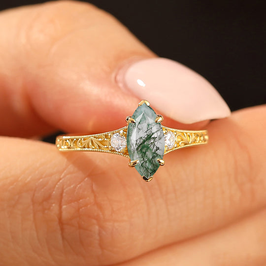Solid Yellow Gold Marquise Cut Moss Agate Bridal Ring Vintage Filigree Moss Agate Women Ring