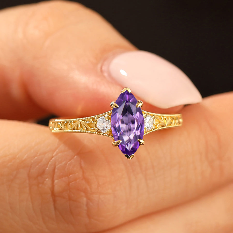 Vintage 1CT Marquise Cut Natural Amethyst Women Ring Vine Filigreed Engagement Ring