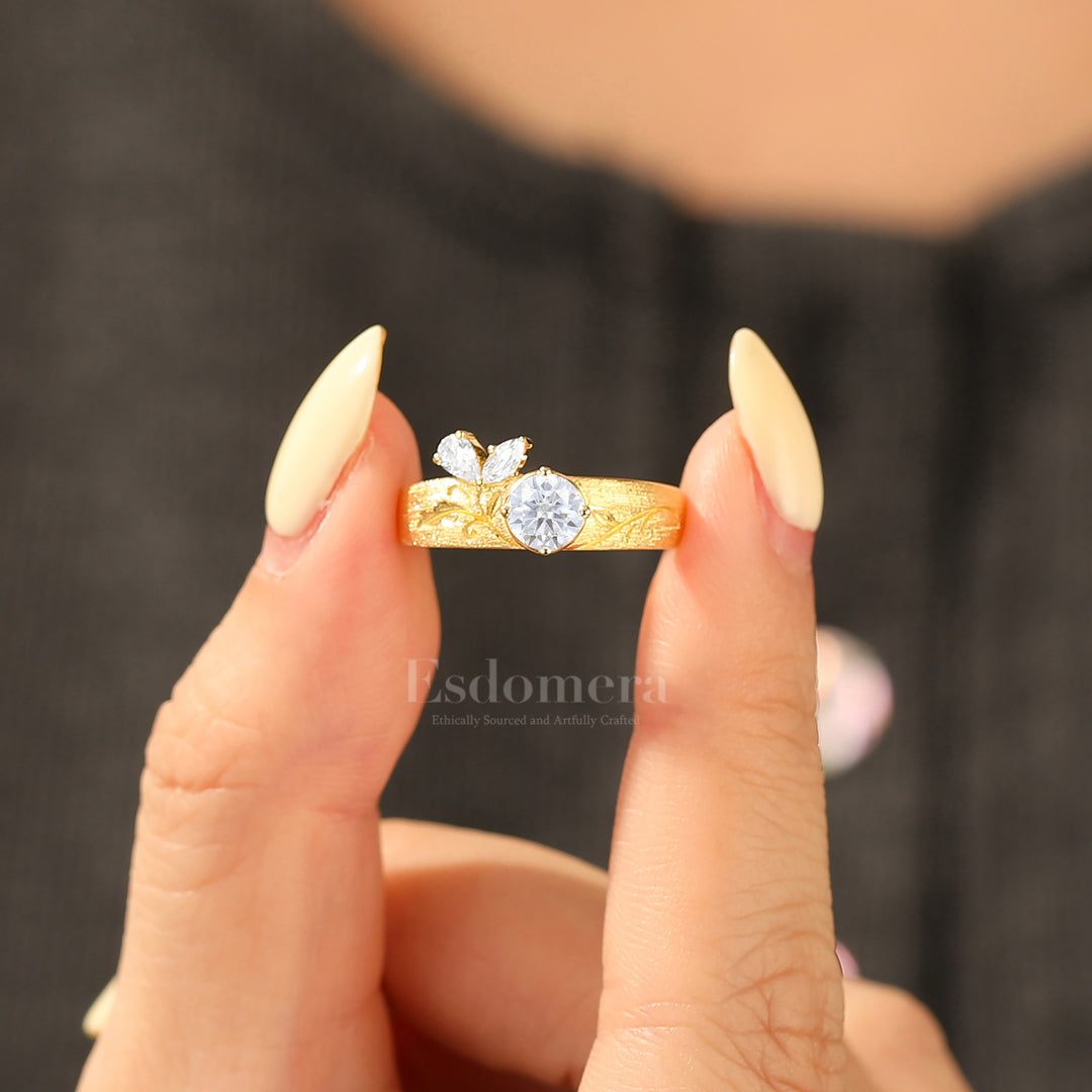 Artsy Brushed Finish Round Moissanite Engagement Ring 14K Yellow Gold Vine Style Women Ring