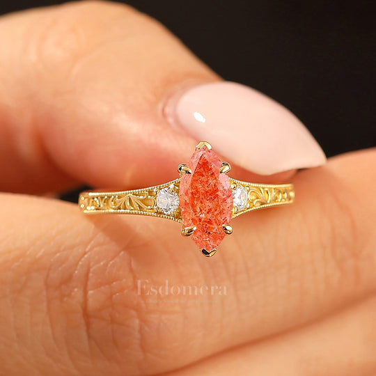 Solid Yellow Gold Marquise Cut Sunstone Bridal Ring Vintage Filigree Moss Agate Women Ring