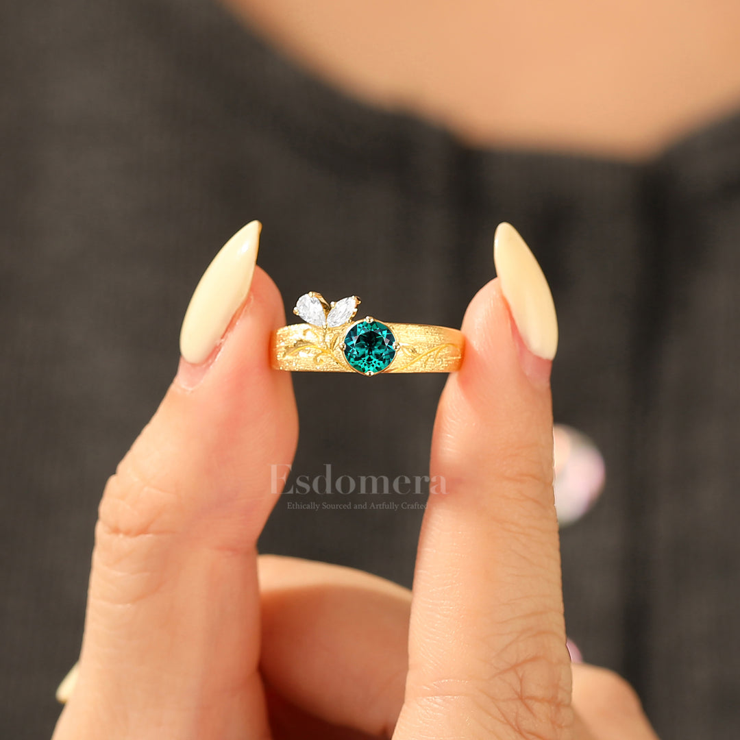 Brushed Finish Round Emerald Engagement Ring Floral Vine Ring with Butterfly Wing Accents