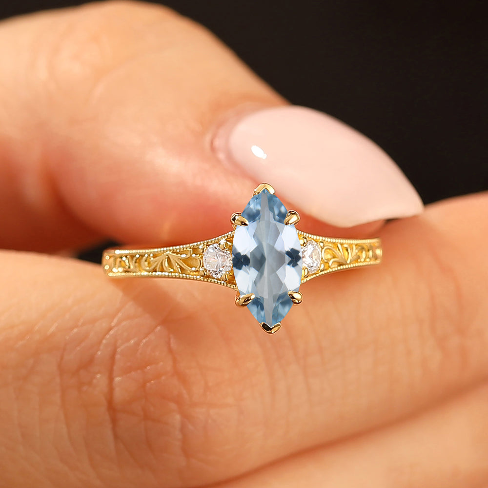 Antiker Marquise-Schliff Aquamarin Filigran Verlobungsring Dreisteinfassung 14K Goldfarbener Ring