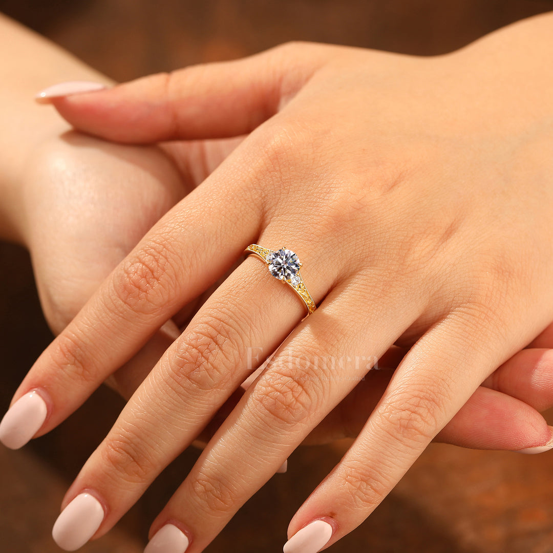 Delicate Filigree Round 14K Gold Band Lab Diamond Ring with Accent Stones Classic Vintage Ring (IGI Certified)