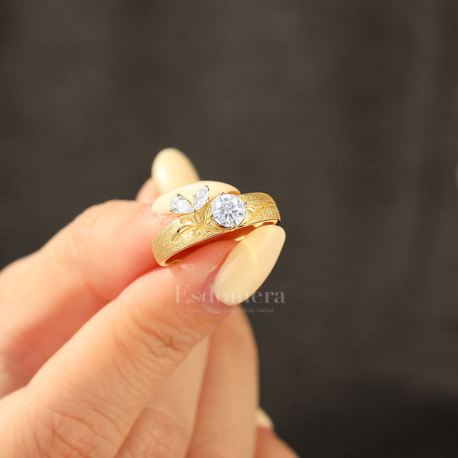 Artsy Brushed Finish Round Moissanite Engagement Ring 14K Yellow Gold Vine Style Women Ring