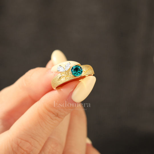 Brushed Finish Round Emerald Engagement Ring Floral Vine Ring with Butterfly Wing Accents