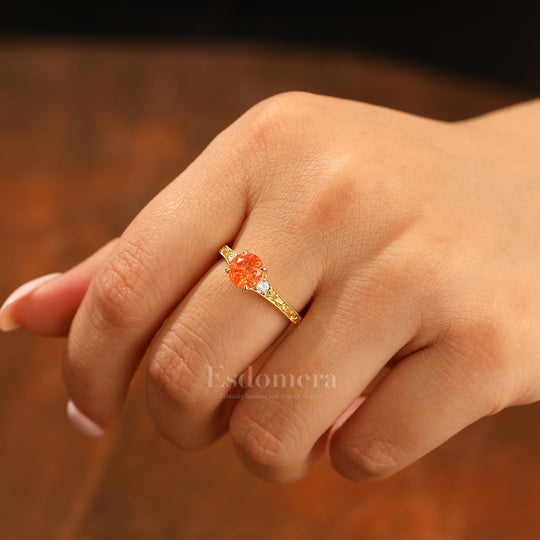 Vintage Inspired Engraved Vine 1CT Round Natural Sunstone Women Ring Engagement Ring