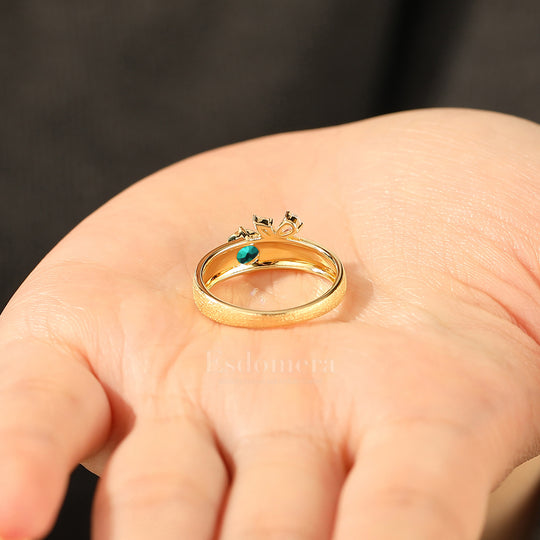 Brushed Finish Round Emerald Engagement Ring Floral Vine Ring with Butterfly Wing Accents