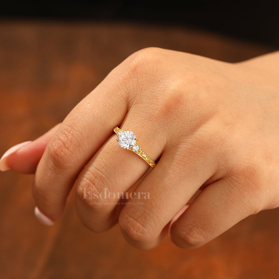 Vintage Engraved Floral Round Moissanite Bridal Ring Solid Yellow Gold Moissanite Women Ring