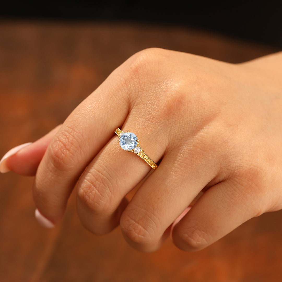 14K Gold Gravierter Blumenrundschliff Aquamarin Damenring Vintage Verlobungsring