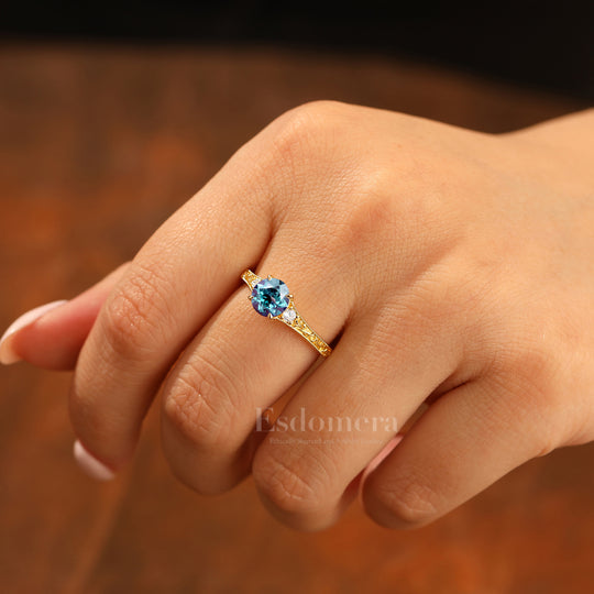 Vintage Engraved Floral Round Alexandrite Ring Solid Yellow Gold Women Ring
