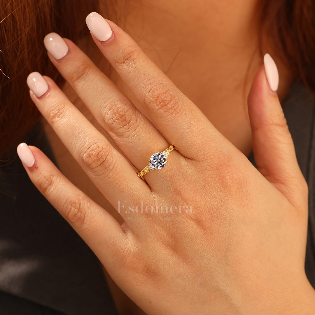 Delicate Filigree Round 14K Gold Band Lab Diamond Ring with Accent Stones Classic Vintage Ring (IGI Certified)