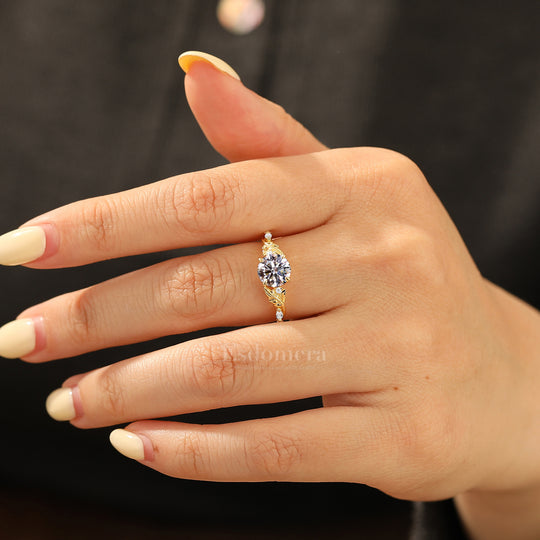 Botanical Engraved Round Lab Grown Diamond Women Ring 14K Solid Gold Hand-Carved Leaf Bridal Ring  (IGI Certified)