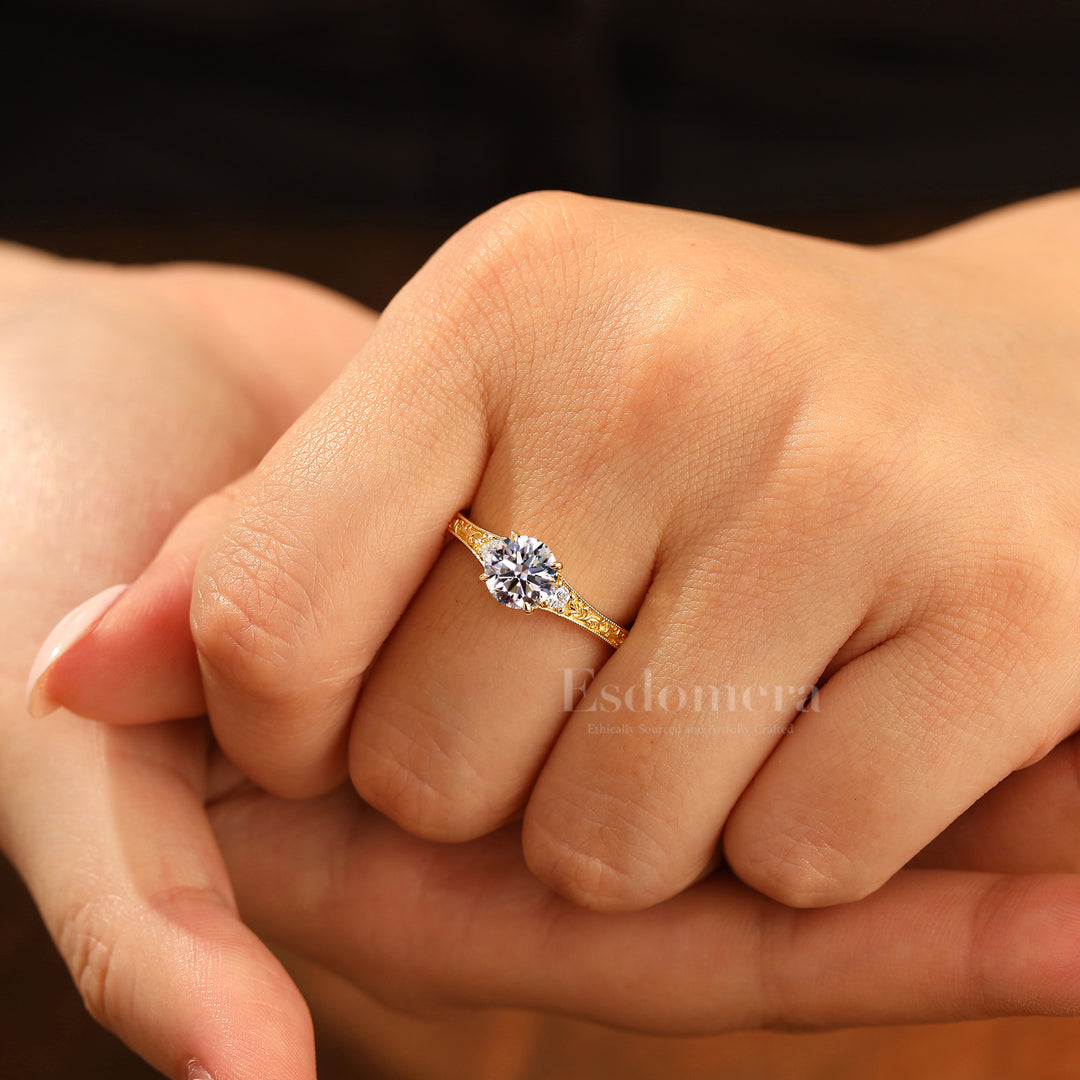 Delicate Filigree Round 14K Gold Band Lab Diamond Ring with Accent Stones Classic Vintage Ring (IGI Certified)