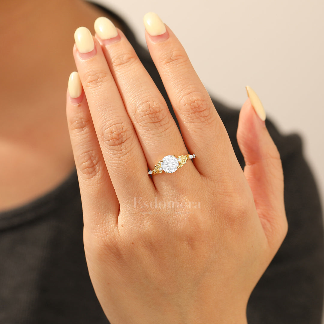 Elegant Leaf Engraved Round Moissanite Bridal Ring Handcrafted 14K Solid Gold Engagement Ring