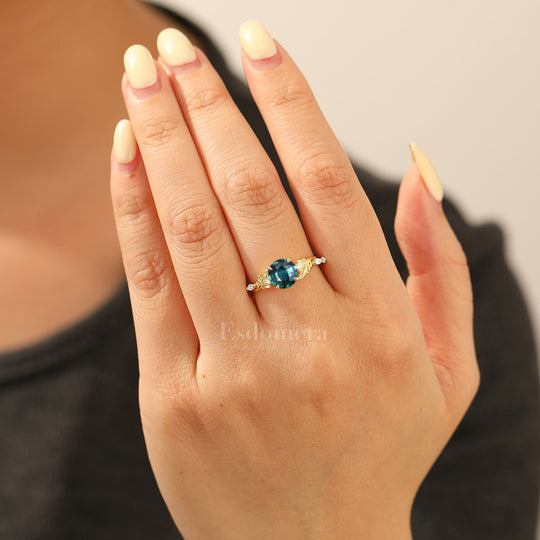 Romantic Leaf Engraved Round Cut Teal Sapphire Marriage Ring Solid Gold Vine-Inspired Engagement Ring