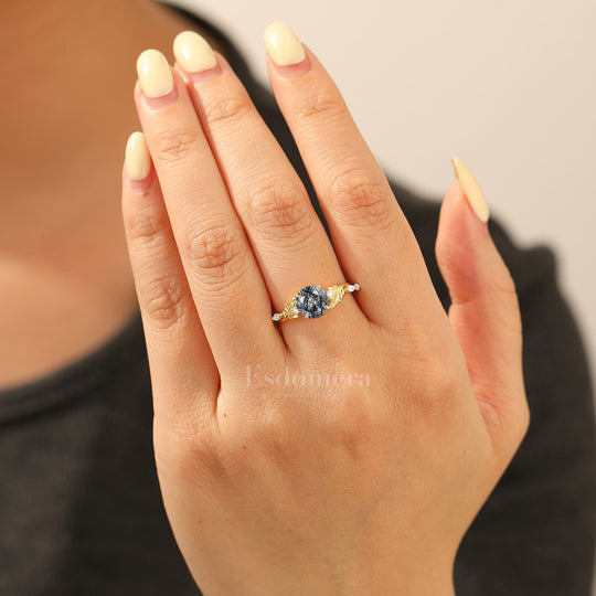 Mystical Round Natural Black Rutilated Quartz Engagement Ring Vine-Inspired Marriage Ring