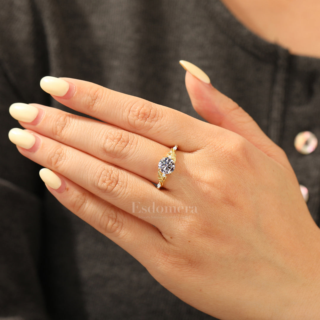 Botanical Engraved Round Lab Grown Diamond Women Ring 14K Solid Gold Hand-Carved Leaf Bridal Ring  (IGI Certified)