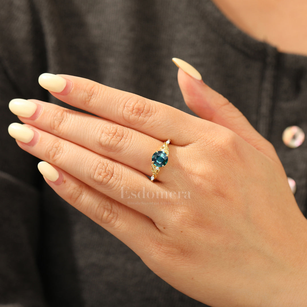 Romantic Leaf Engraved Round Cut Teal Sapphire Marriage Ring Solid Gold Vine-Inspired Engagement Ring