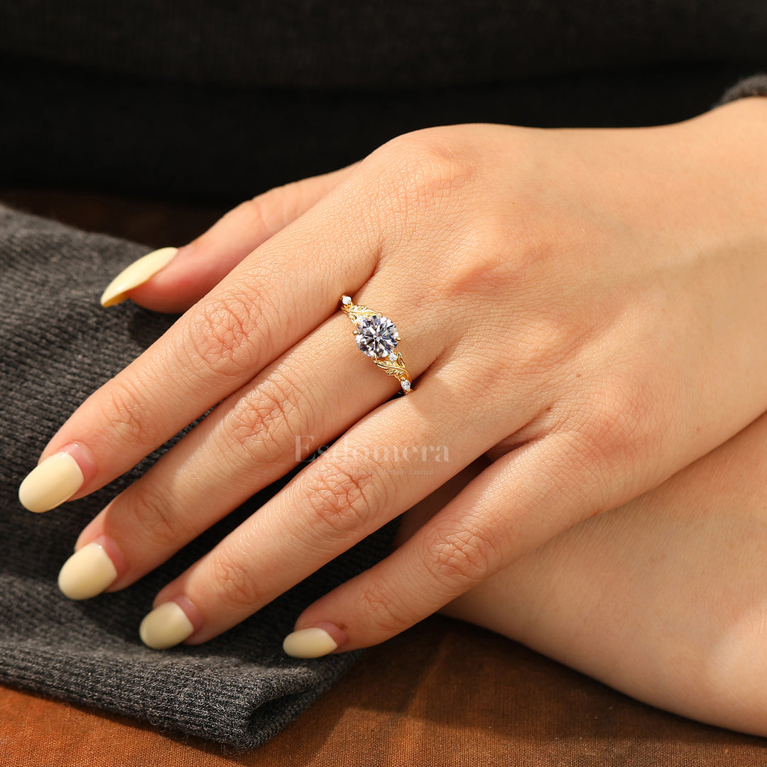 Botanical Engraved Round Lab Grown Diamond Women Ring 14K Solid Gold Hand-Carved Leaf Bridal Ring  (IGI Certified)