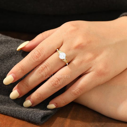 Elegant Leaf Engraved Round Moissanite Bridal Ring Handcrafted 14K Solid Gold Engagement Ring